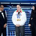 Francesca Lollobrigida alături de Carlo Conti și Laura Pausini pe scena de la Sanremo FOTO Imago Images