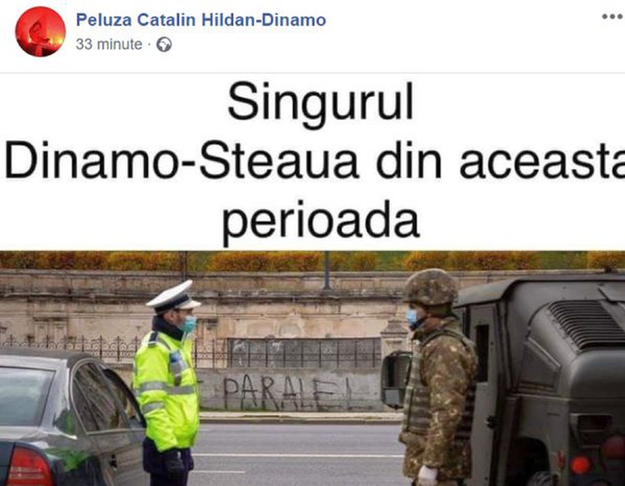 CORONAVIRUS. Peluza Cătălin Hîldan, ironii pe Facebook: „Ăsta e singurul Dinamo - Steaua din această perioadă”