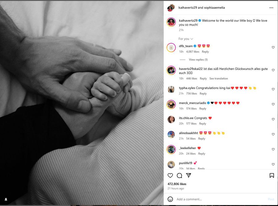 Kai Havertz și Sophia Weber au anunțat nașterea primului lor copil. FOTO: Instagram Kai Havertz și Sophia au devenit părinți: „Bine ai venit!”