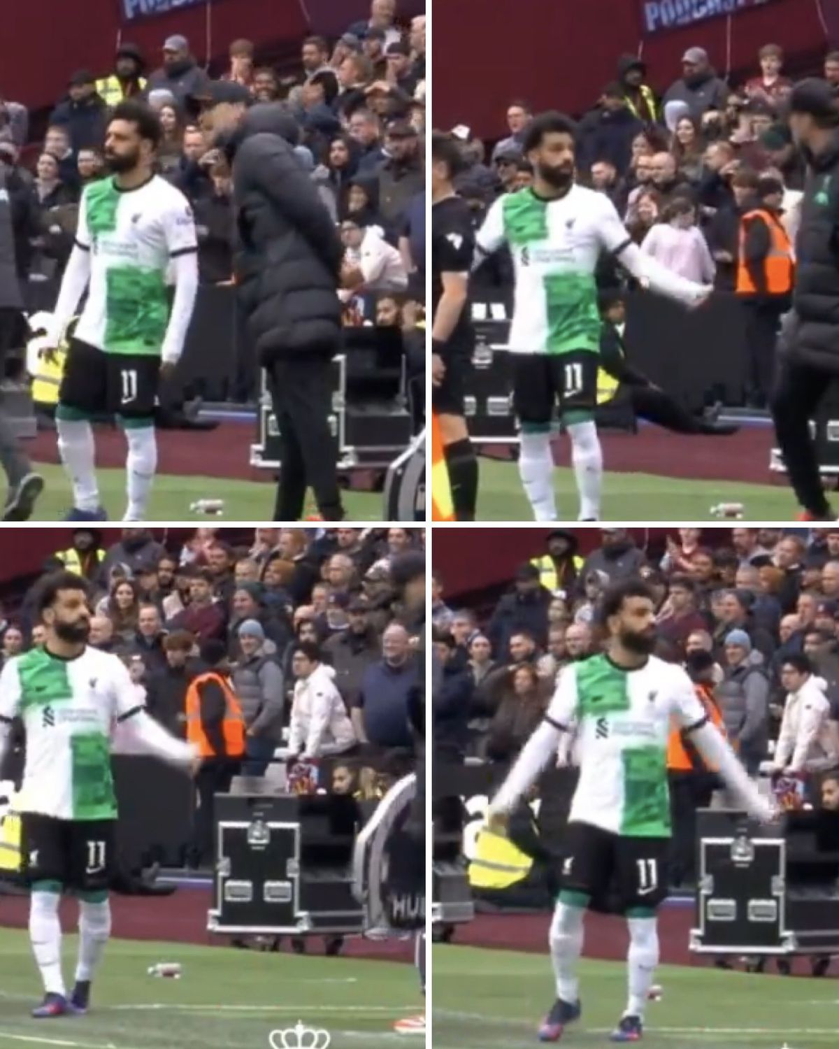 Scene șocante în West Ham - Liverpool » Salah a sărit la Klopp, pe marginea terenului! A fost nevoie de intervenția colegilor