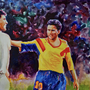 Regii de pe teren.
Gheorghe Hagi și Diego Armando Maradona, la Campionatul Mondial din 1990 (Italia), România – Argentina 1-1