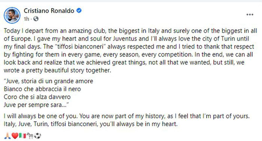 Cristiano Ronaldo, mesaj emoționant după ce a lăsat-o pe Juventus pentru Manchester United: „Mi-am dat inima și sufletul”