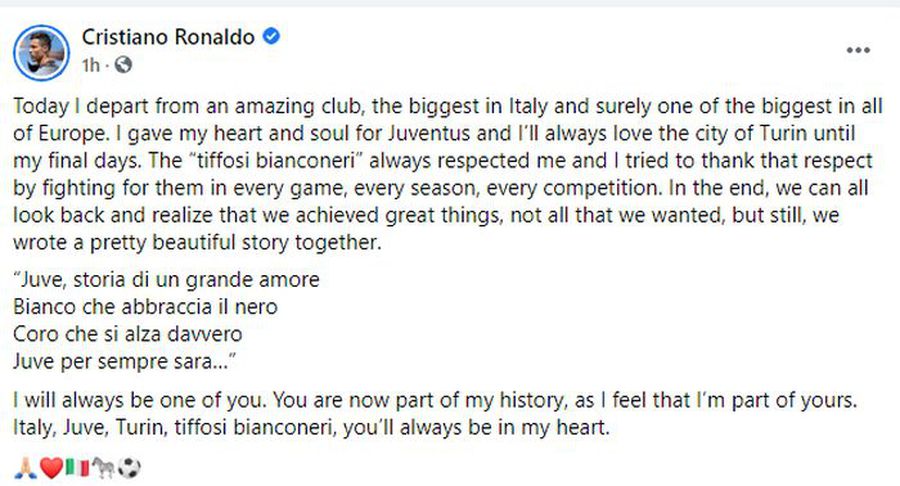 Cristiano Ronaldo și-a luat la revedere de la fanii „Bătrânei Doamne” Cristiano Ronaldo, mesaj emoționant după ce a lăsat-o pe Juventus pentru Manchester United: „Mi-am dat inima și sufletul”