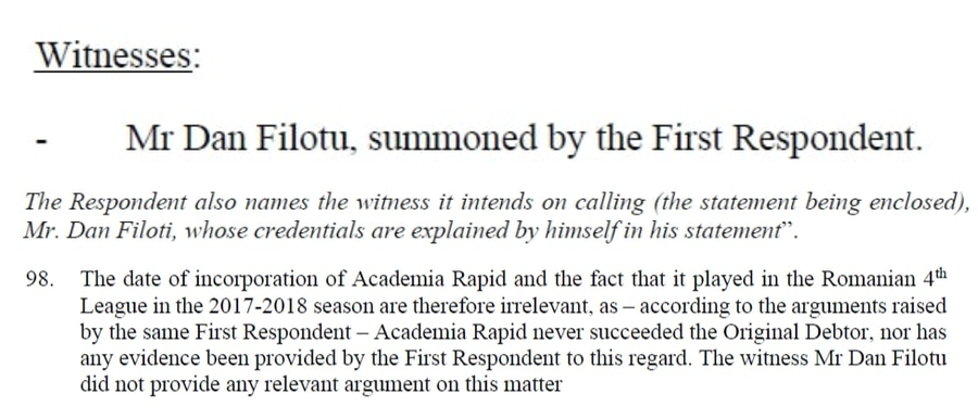 Pasajele din documentele TAS care indică implicarea lui Dan Filoti în dosarul „Rapid - Ionuț Stancu”, faza de la Lausanne Moderator TV, martor pentru Rapid la TAS spre a nu-i da banii secundului Craiovei! » „Ne-a ajutat și-n dosarele câștigate cu Tibi Bălan și Păcurar”