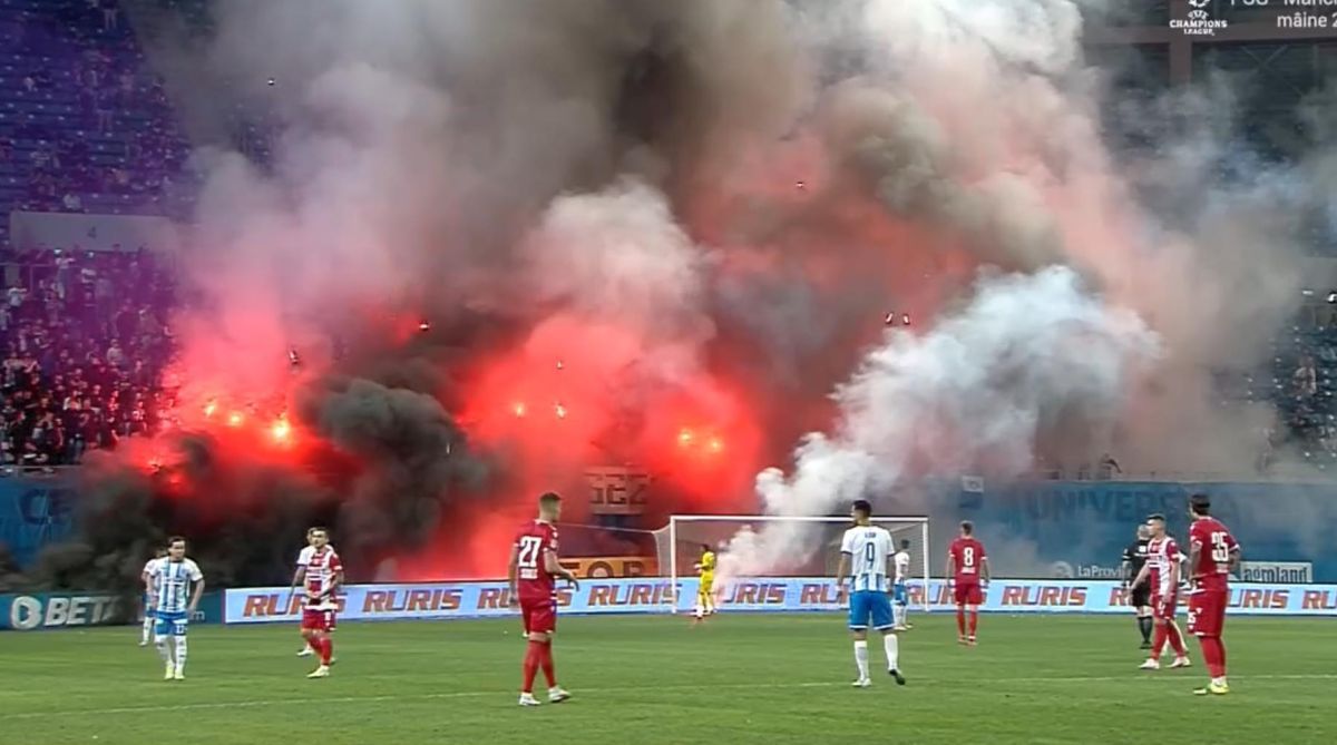 Fanii olteni s-au dat în spectacol în debutul disputei cu Dinamo! Ce s-a întâmplat în tribunele arenei „Ion Oblemenco”