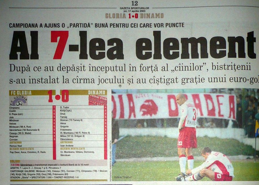 Pagină din Gazeta Sporturilor, aprilie 2003, după a 7-a înfrângere din acel sezon Oficial, s-a întors „Agentul 007”! Dinamo 2021 a egalat cea mai neagră serie din istorie