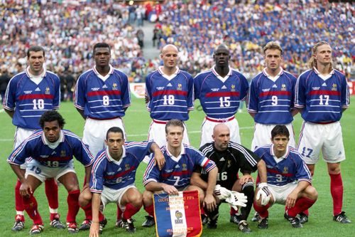 Stephane Guivarc'h (nr. 9), înainte de finala Mondialului din 1998, Franța - Brazilia 3-0. 
Foto;: Imago