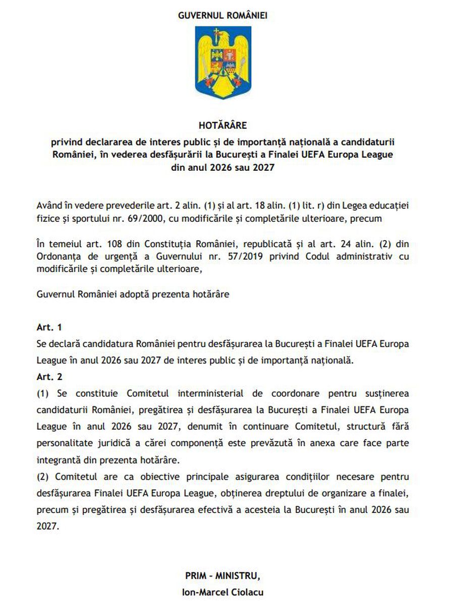 Pas major spre organizarea unei noi finale de Europa League la București » Hotărârea de Guvern a fost adoptată!