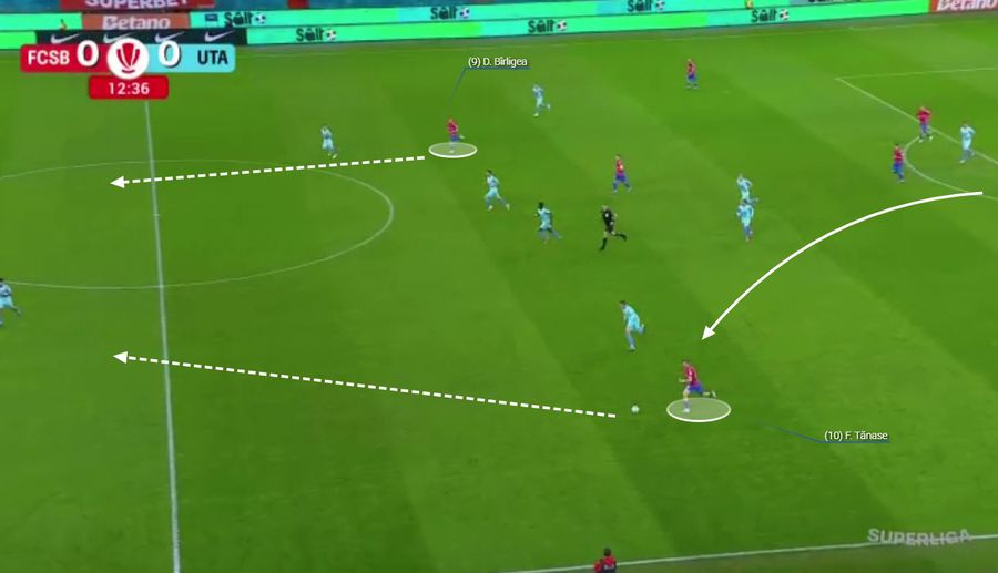 Cum s-a dezvoltat primul gol. Târnovanu degajează cu mâna, Tănase pătrunde și pasează decisiv pentru execuția lui Daniel Bîrligea. Trei pase și un șut de excepție. Foto generat în platforma Wyscout Lecția simplității » De ce FCSB - UTA este punctul de restart pentru roș-albaștri