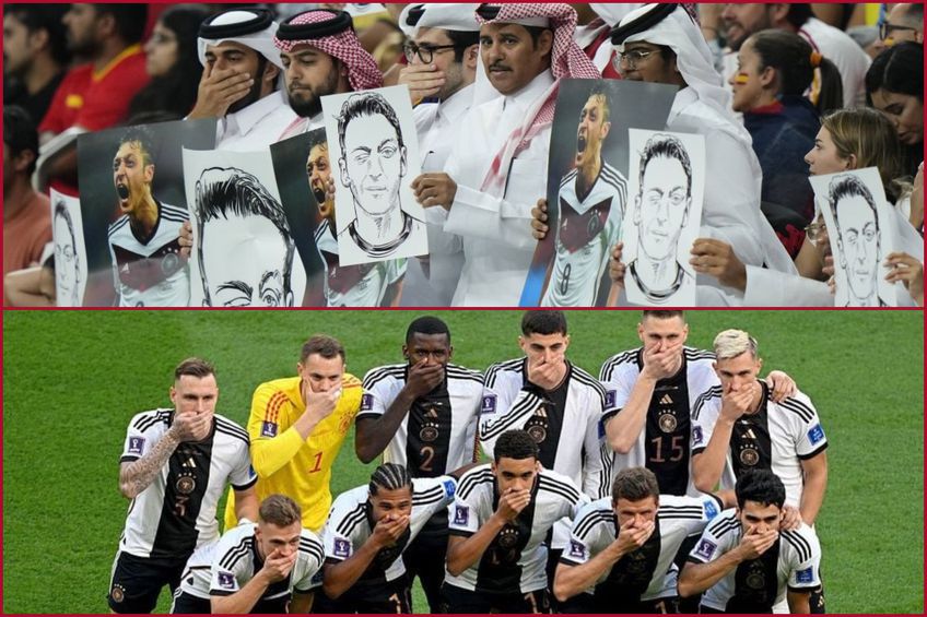 Spania - Germania. În tribunele stadionului Al Bayt, un grup de spectatori qatarezi a afișat mai multe desene cu chipul lui Mesut Ozil în timp ce jucătorul legitimat în prezent la Bașaksehir făcea cu ochiul