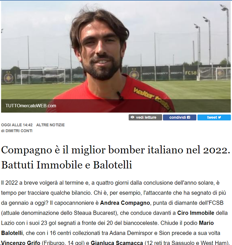 Fabulos » Andrea Compagno, peste Ciro Immobile și Mario Balotelli: „Cel mai mare «bombardier» al Italiei”