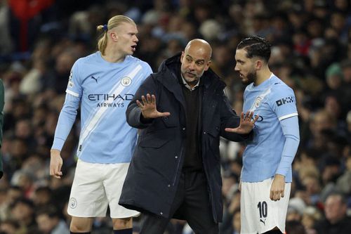Erling Haaland, Pep Guardiola și Rayan Cherki / Foto: Imago Images