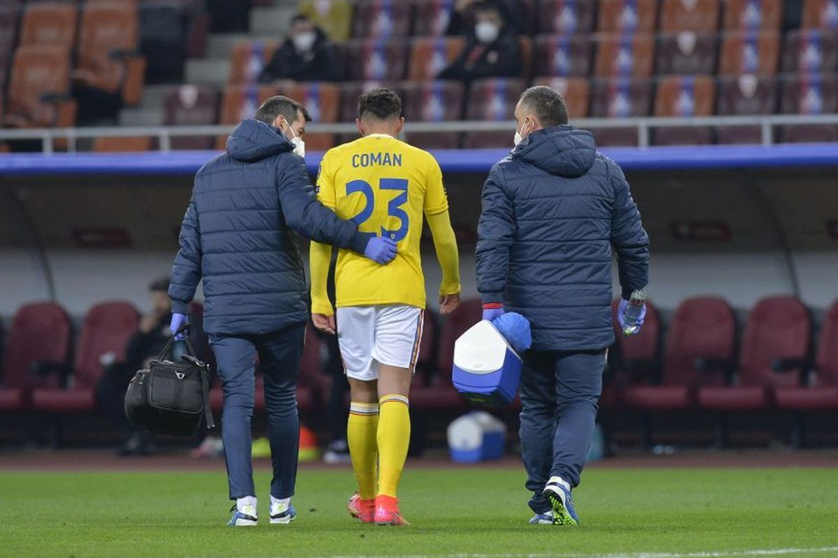 Lovitură cruntă pentru FCSB » Gigi Becali anunță cât va sta Florinel Coman pe tușă după accidentarea de la „națională”