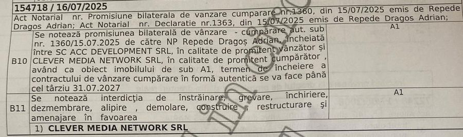 Pasajul din extrasul de carte funciară care face referire la tranzacția dintre Clever Media și ACC Development, adică pe axa clujenilor Adrian Tomșa și Ioan Varga 750.000 de euro către Neluțu Varga dinspre deținătorii drepturilor TV ale Ligii 1: afacere imobiliară sau ajutor pe ascuns pentru CFR Cluj? » „N-aveam nicio problemă s-o facem direct”