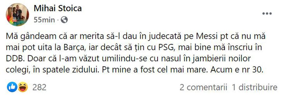 MM Stoica, reacție acidă la adresa lui Messi, după imaginea serii din PSG - City: „S-a umilit, e număr 30! Mai bine mă înscriu în DDB”