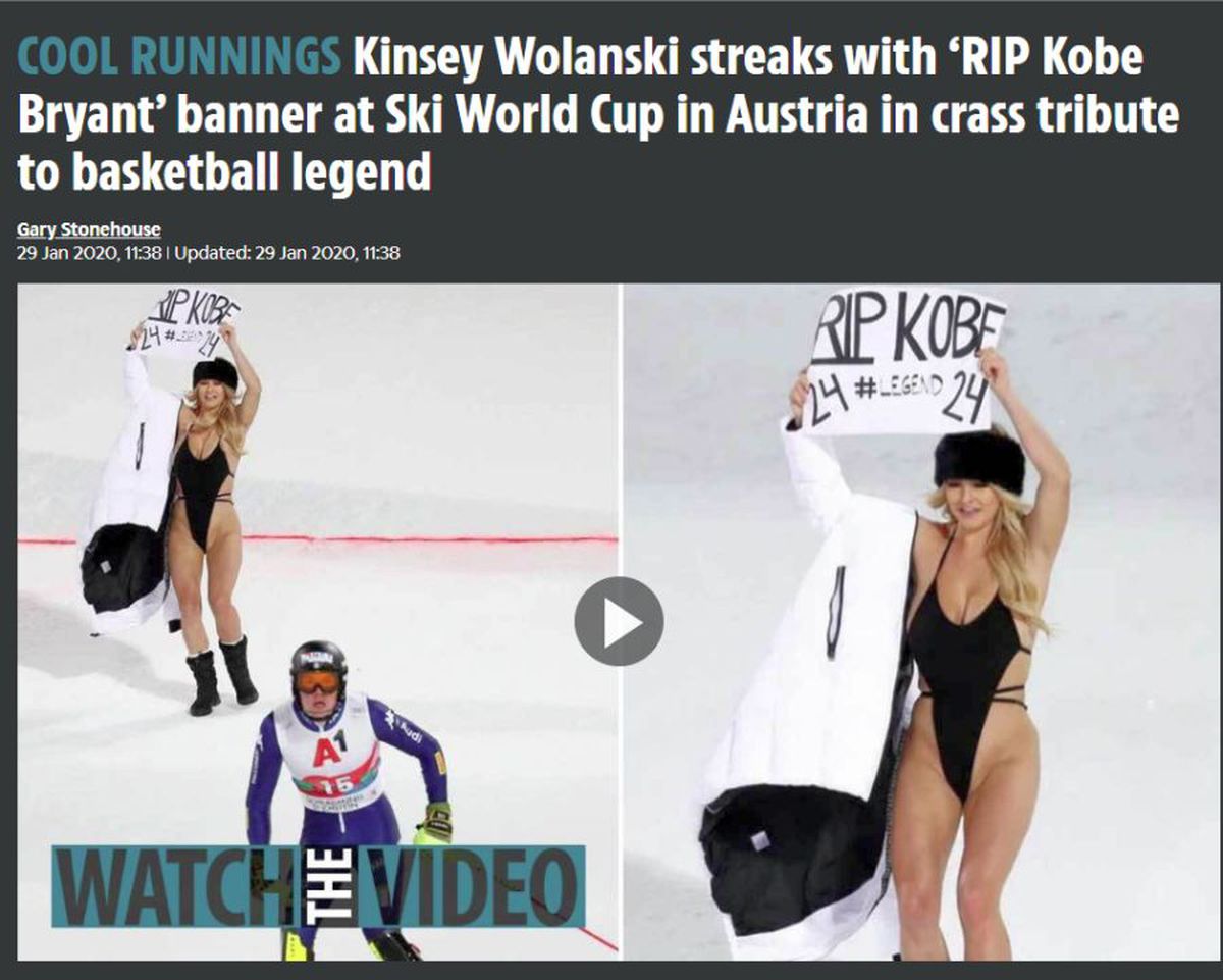 VIDEO + FOTO Kinsey Wolanski a comis-o din nou: a intrat dezbrăcată pe pârtie cu un mesaj la adresa lui Kobe Bryant