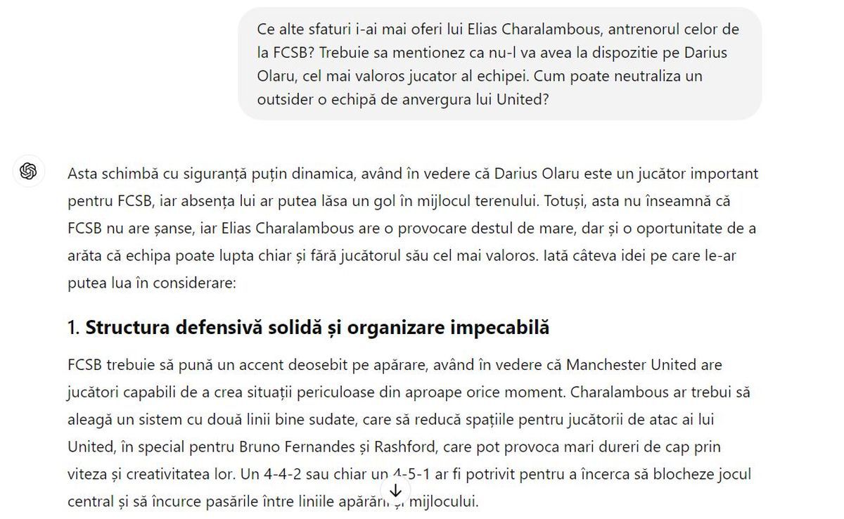 Experiment: ce spune ChatGPT despre FCSB - Manchester United