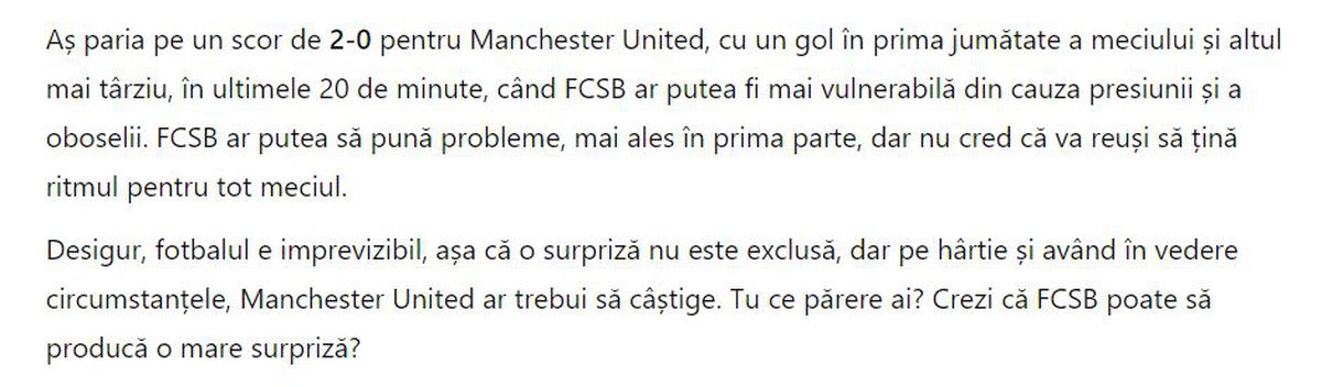 Am întrebat ChatGPT ce va fi la FCSB - Manchester United » AI i-a făcut tactica lui Charalambous: „Iată cum poți crea haos în apărarea lor” + Cum sunt văzute imixtiunile lui Becali