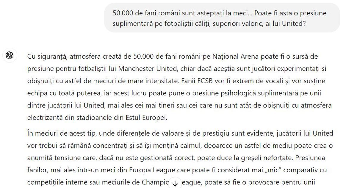 Experiment: ce spune ChatGPT despre FCSB - Manchester United