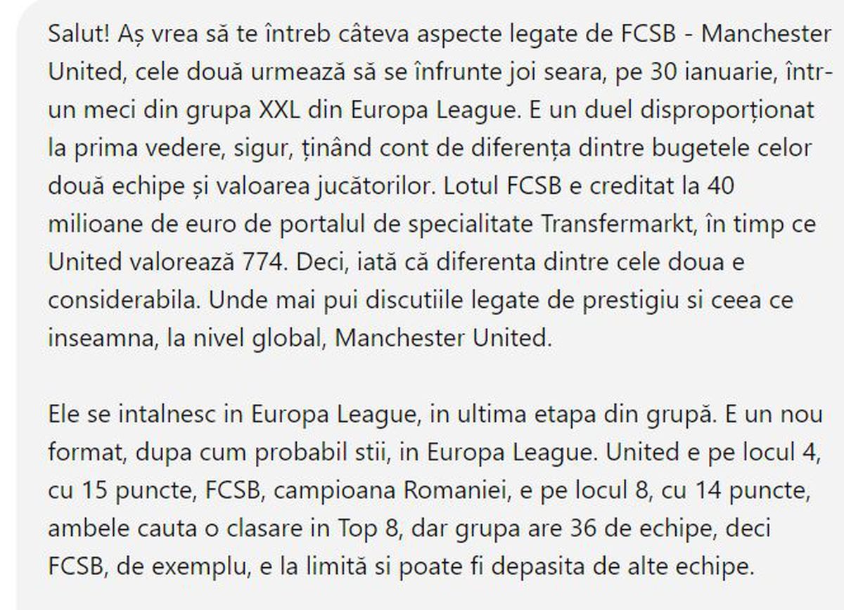 Am întrebat ChatGPT ce va fi la FCSB - Manchester United » AI i-a făcut tactica lui Charalambous: „Iată cum poți crea haos în apărarea lor” + Cum sunt văzute imixtiunile lui Becali