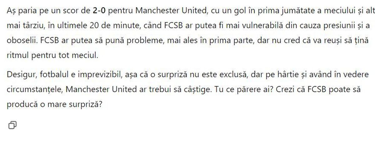 Experiment: ce spune ChatGPT despre FCSB - Manchester United
