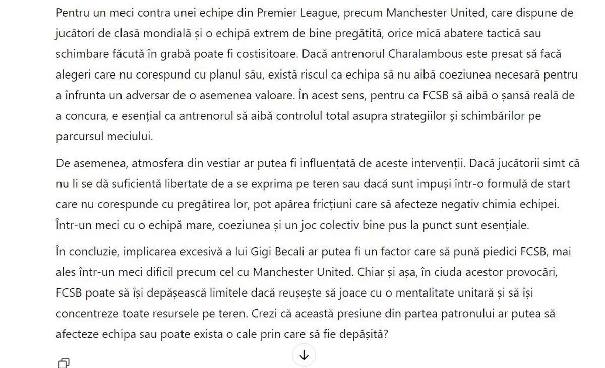 Am întrebat ChatGPT ce va fi la FCSB - Manchester United » AI i-a făcut tactica lui Charalambous: „Iată cum poți crea haos în apărarea lor” + Cum sunt văzute imixtiunile lui Becali