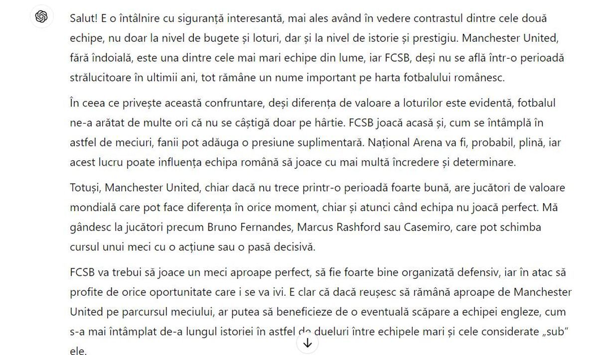 Experiment: ce spune ChatGPT despre FCSB - Manchester United