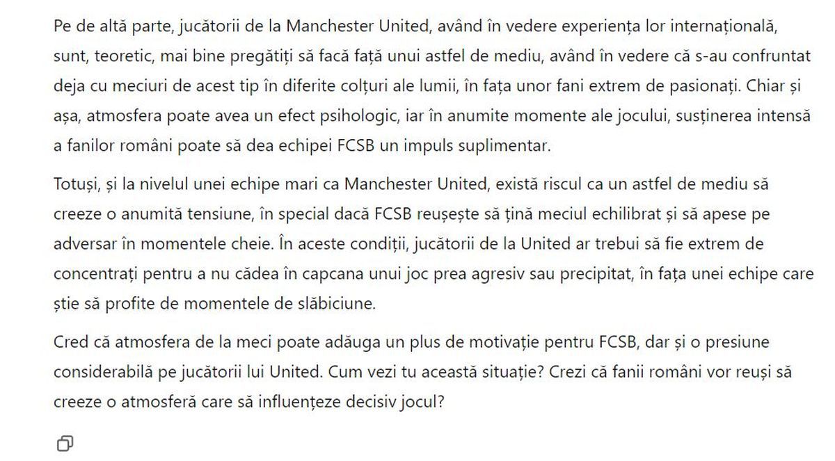 Experiment: ce spune ChatGPT despre FCSB - Manchester United