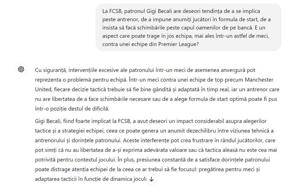 Am întrebat ChatGPT ce va fi la FCSB - Manchester United » AI i-a făcut tactica lui Charalambous: „Iată cum poți crea haos în apărarea lor” + Cum sunt văzute imixtiunile lui Becali