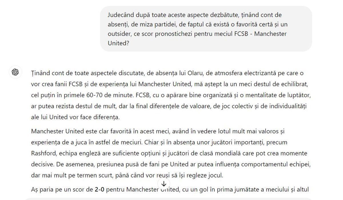 Experiment: ce spune ChatGPT despre FCSB - Manchester United