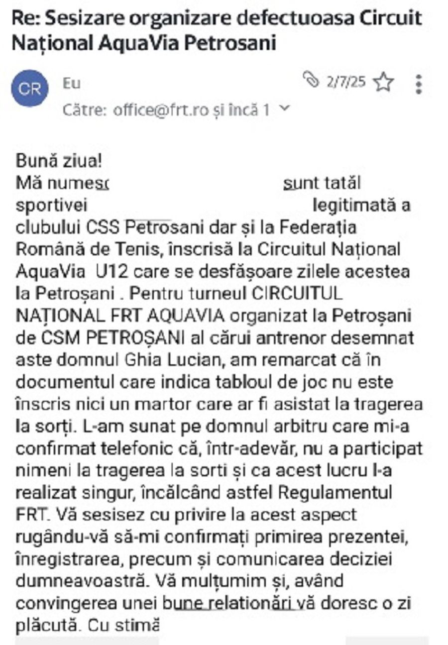 Captura sesizării făcute la adresa FRT Abuzuri în lanț: „Monica Iacob-Ridzi a cerut să trântească finala pentru fiica ei!” + Înregistrare audio ȘOCANTĂ cu soțul-primar: „Ce p*** mea îi trebuie competiție?”
