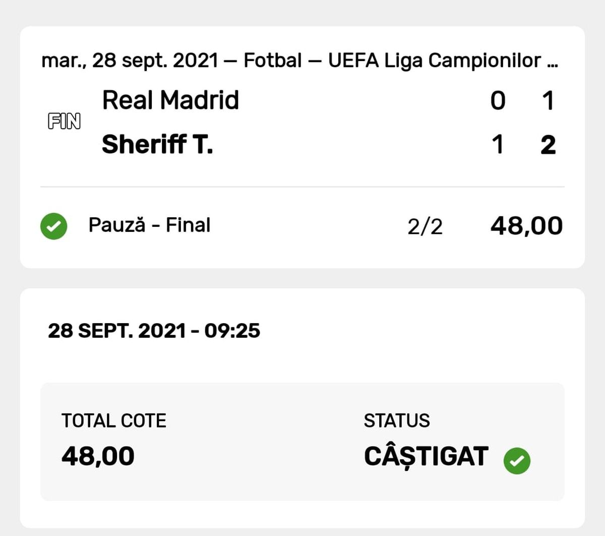 Bilete Real Madrid - Sheriff Tirapsol