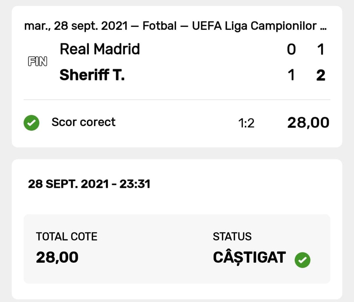 Bilete nebune jucate în România la Real Madrid - Sheriff » Cum a prins un parior o cotă de 250