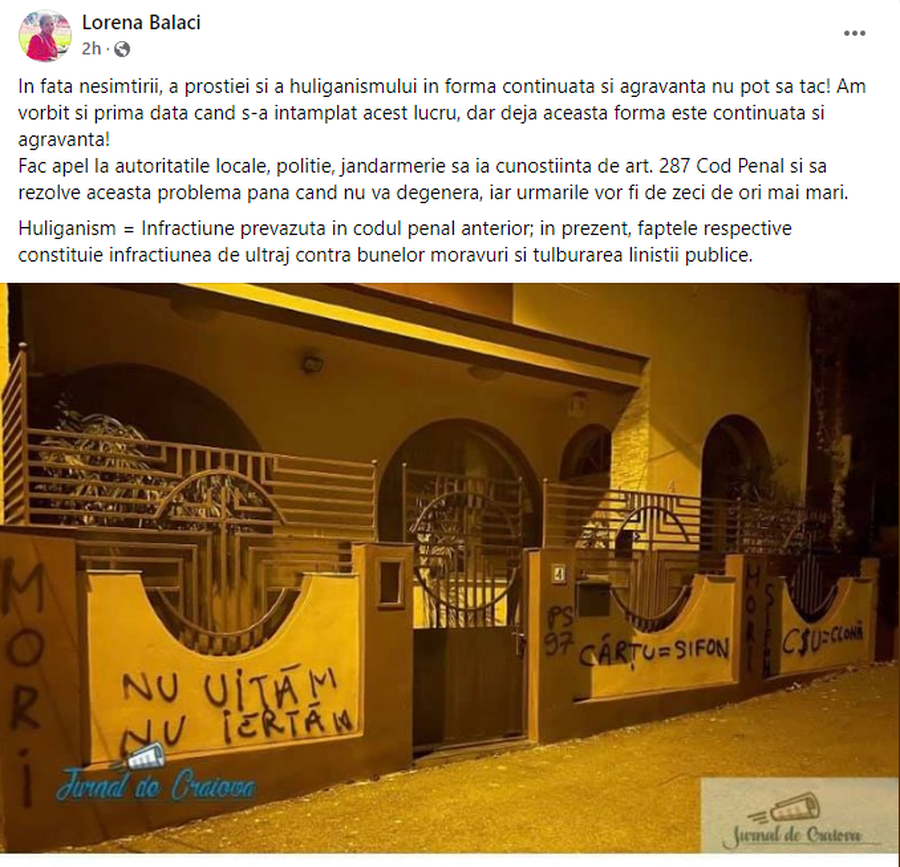 Lorena Balaci, mesaj dur pentru cei care i-au vandalizat casa lui Sorin Cârțu: „În faţa nesimţirii, a prostiei şi a huliganismului nu pot să tac!”