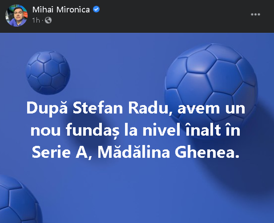 Mironică, MM Stoica și Marin Barbu, glume sexiste pe Facebook: „Mădălina Ghenea, noul nostru fundaș din Serie A”