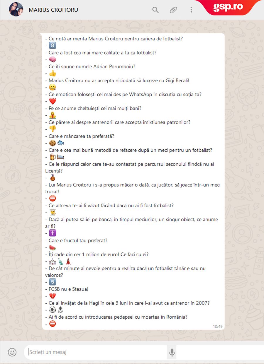 WhatsApp Q&A » Marius Croitoru intră în provocarea GSP: cum răspunde cu un emoticon la întrebări și afirmații inedite