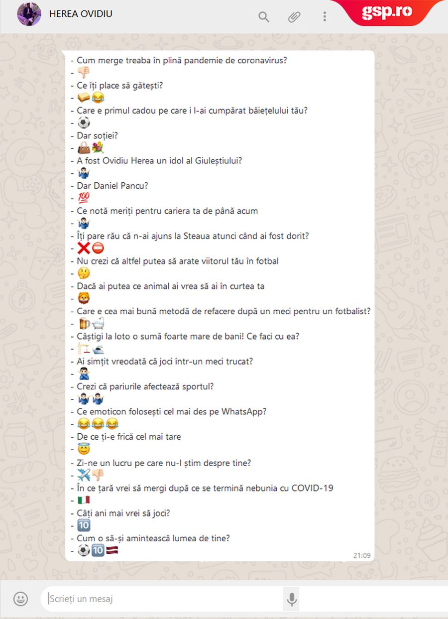 WhatsApp Q&A » Ovidiu Herea a intrat în provocarea GSP și a răspuns prin emoticoane unor întrebări altfel