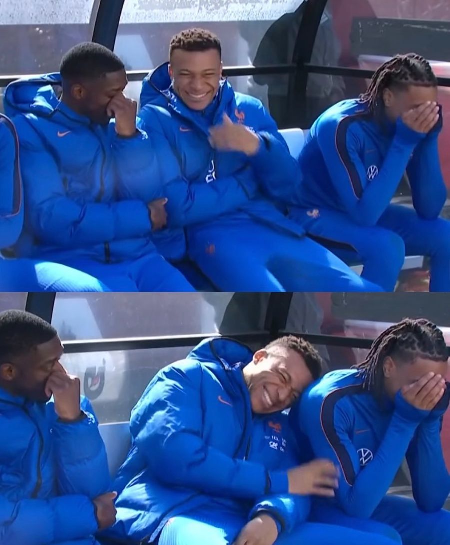 Ousmane Dembele, Kylian Mbappe și Michael Olise se prăpădesc de râs pe bancă / Foto: X „Cocoșii” au America de Sud la degetul mic » Ce l-a enervat pe Deschamps: „Ăsta nu e fotbal american!”