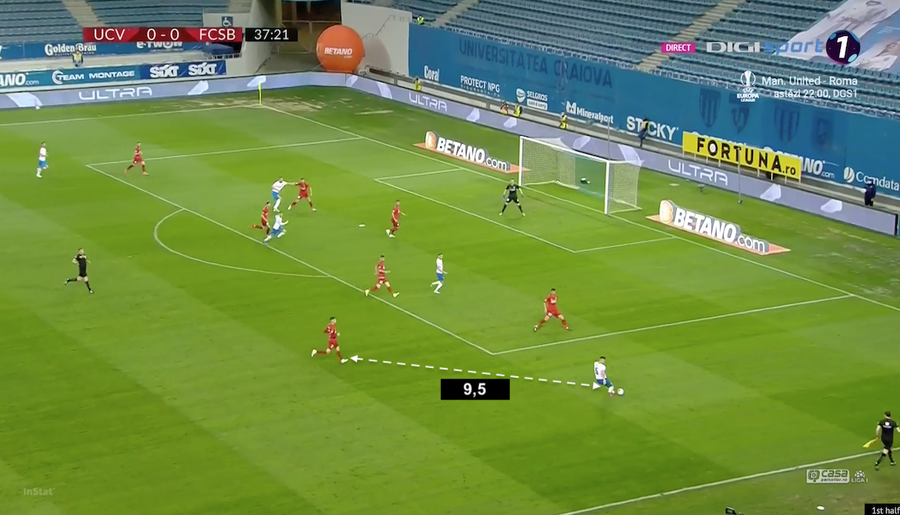 Când Vătăjelu centrează, Popescu e foarte departe. Așa apare pasa de gol Cicâldău, scăpat între Șut și Miron Prea cruzi, prea puțini, prea relaxați