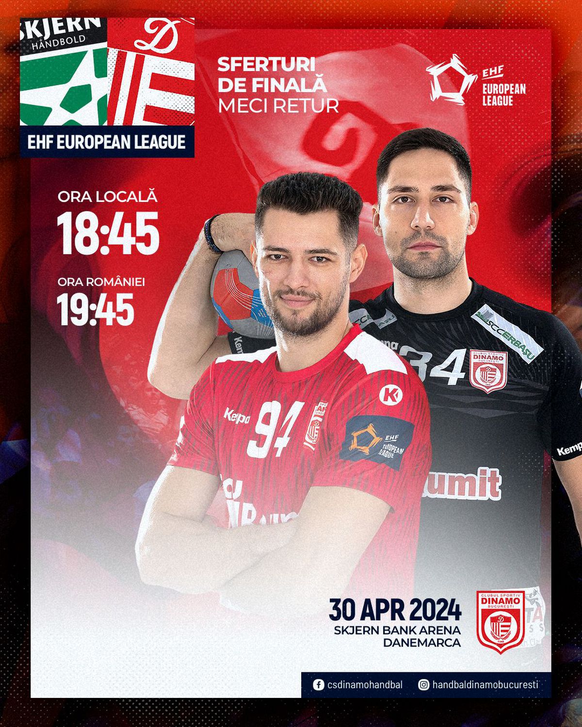 Skjern - Dinamo se joacă astăzi de la ora 19:45: returul din sferturile European League. Foto: Facebook/ CS Dinamo