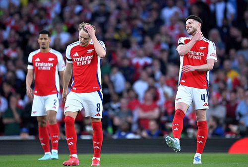 Martin Odegaard și Declan Rice, dezamăgiți în timpul meciului Arsenal - PSG/ FOTO: Guliver/GettyImages