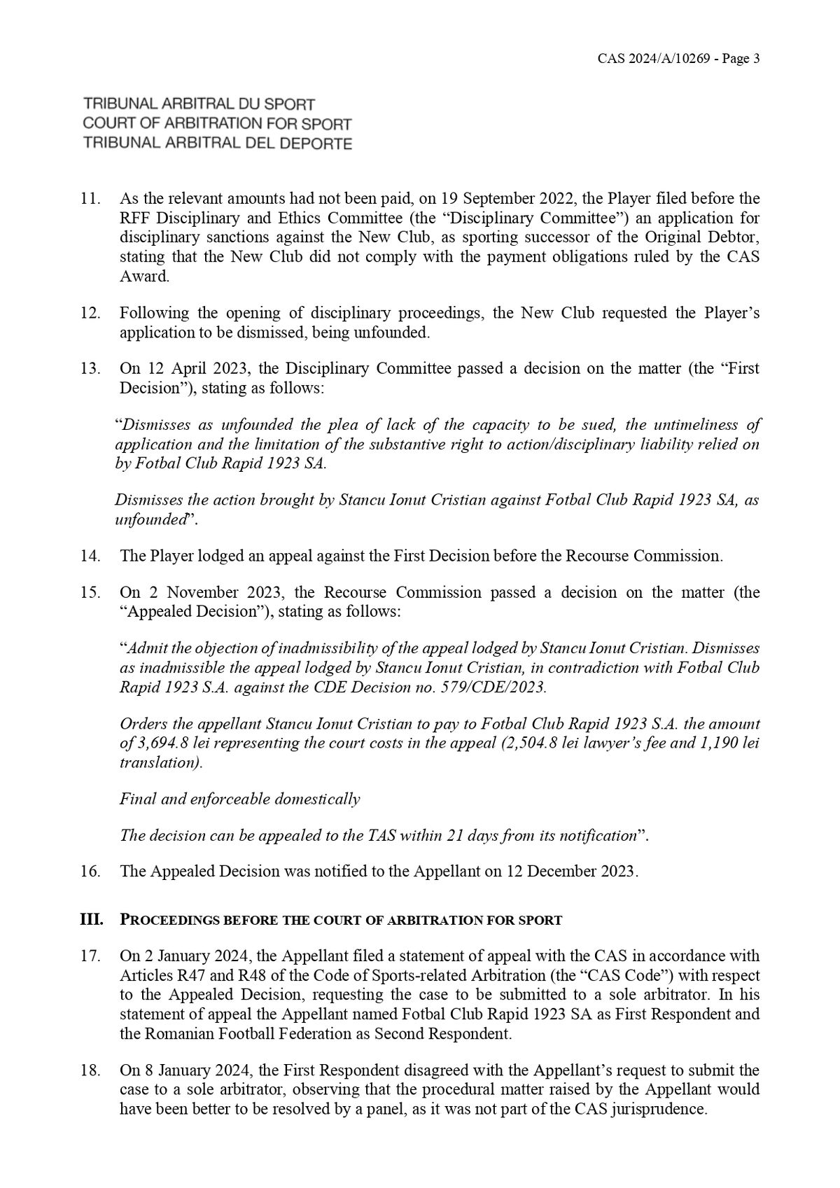 Decizie TAS Rapid - Ionuț Stancu