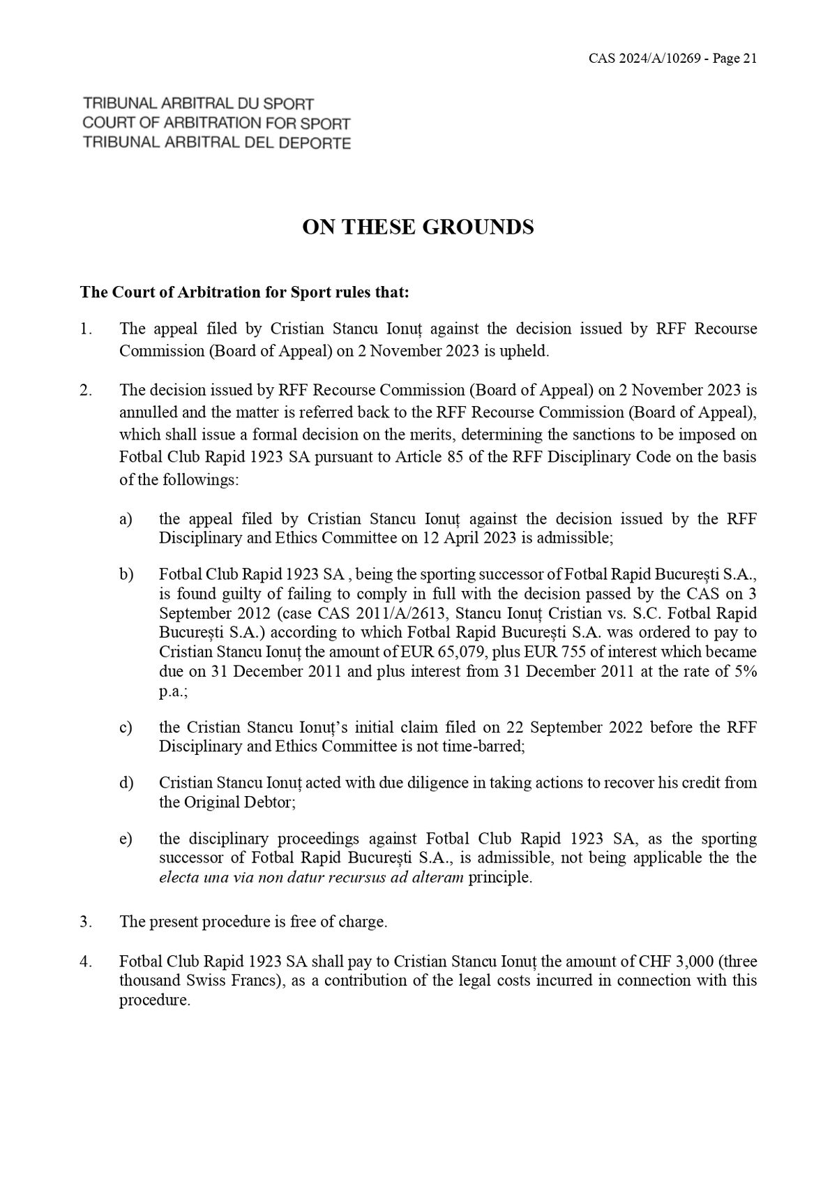 Decizie TAS Rapid - Ionuț Stancu