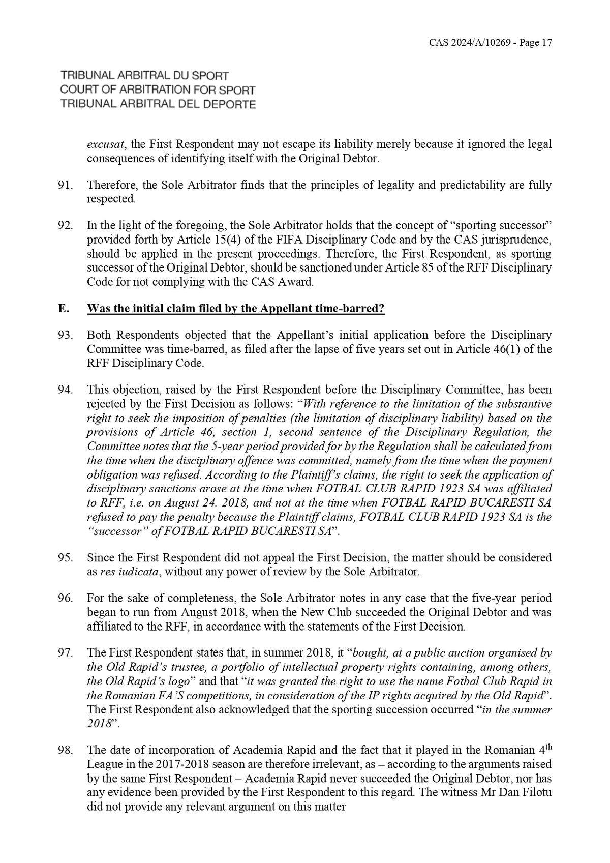 Decizie TAS Rapid - Ionuț Stancu