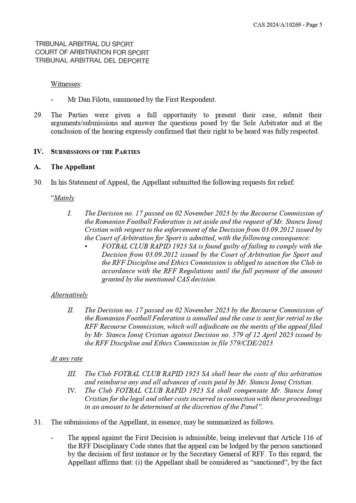 Decizie TAS Rapid - Ionuț Stancu