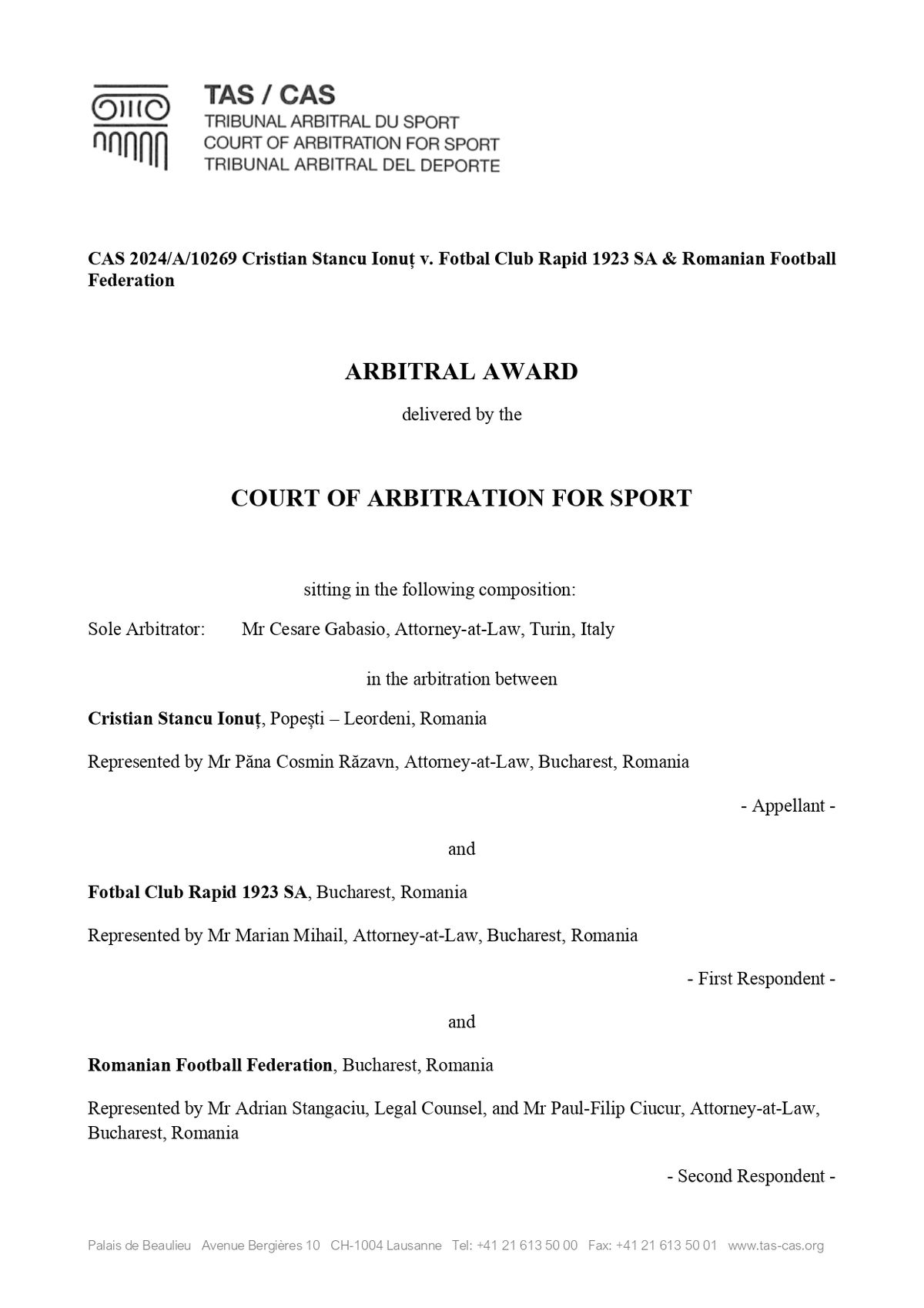 Decizie TAS Rapid - Ionuț Stancu