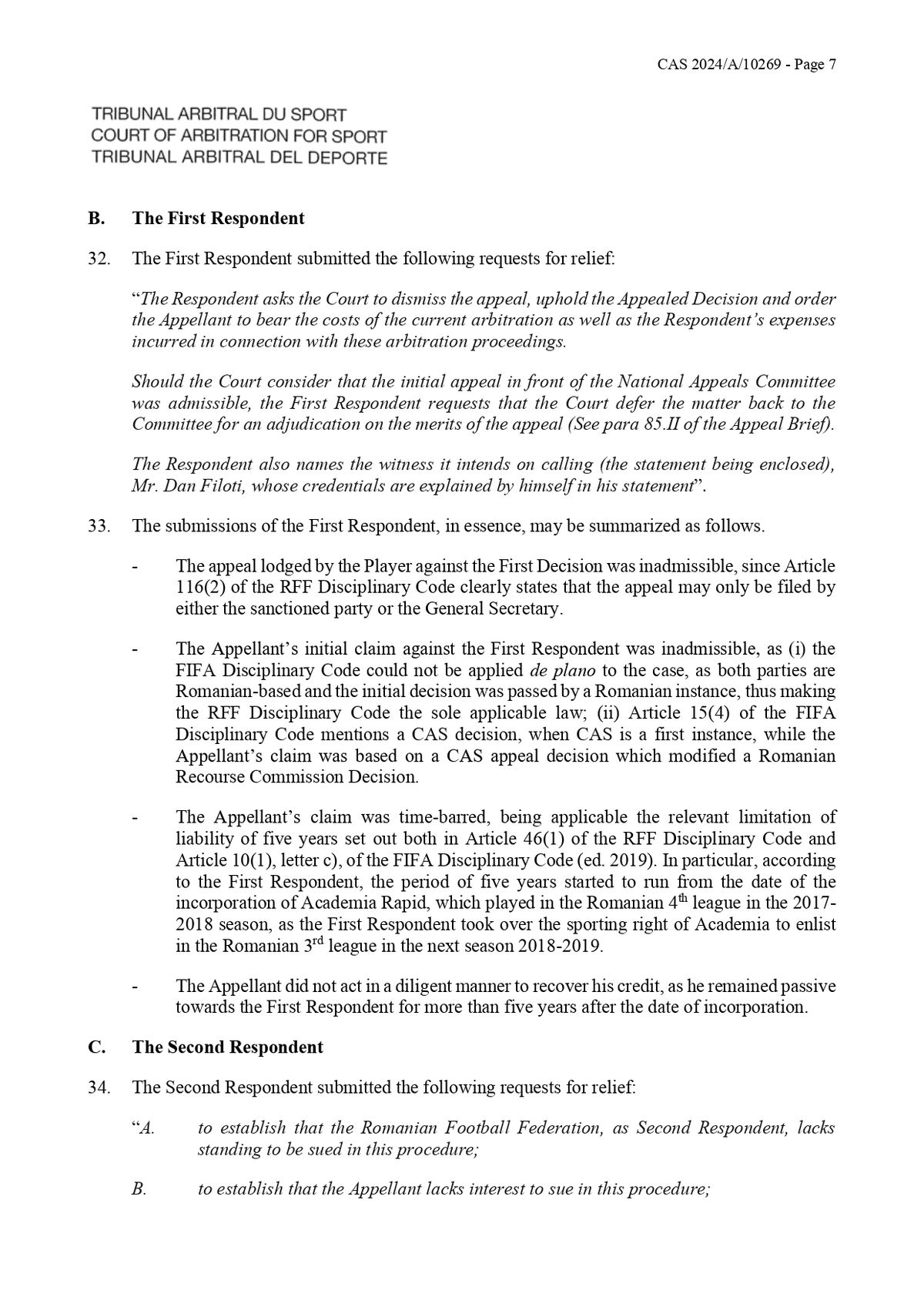 Decizie TAS Rapid - Ionuț Stancu