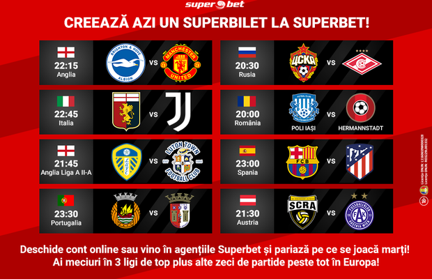 La fotbal e weekend toată săptămâna. Acestea sunt SuperMeciurile care îți pot aduce câștig azi. E marțea cu noroc! Pariază acum!