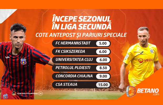 Start în Liga Secundă a României! Ce spun cotele Betano despre șansele celor de la CSA Steaua,"U" Cluj, Petrolul sau Hermannstadt