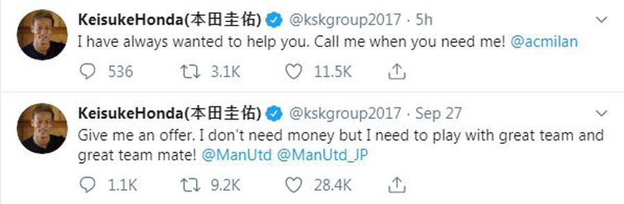 Keisuke Honda se oferă să joace la AC Milan sau Manchester United: „Nu am nevoie de bani” » A făcut anunțul pe Twitter
